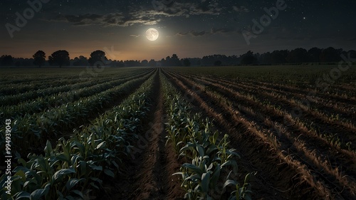 Silver Light on the Harvest Crops. Harvest crops glowing under the silver moonlight, creating a serene autumn night. Realistic style. photo