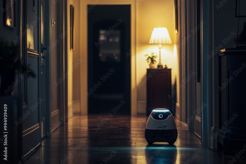 A vigilant home robot patrolling a quiet home at night, softly ...