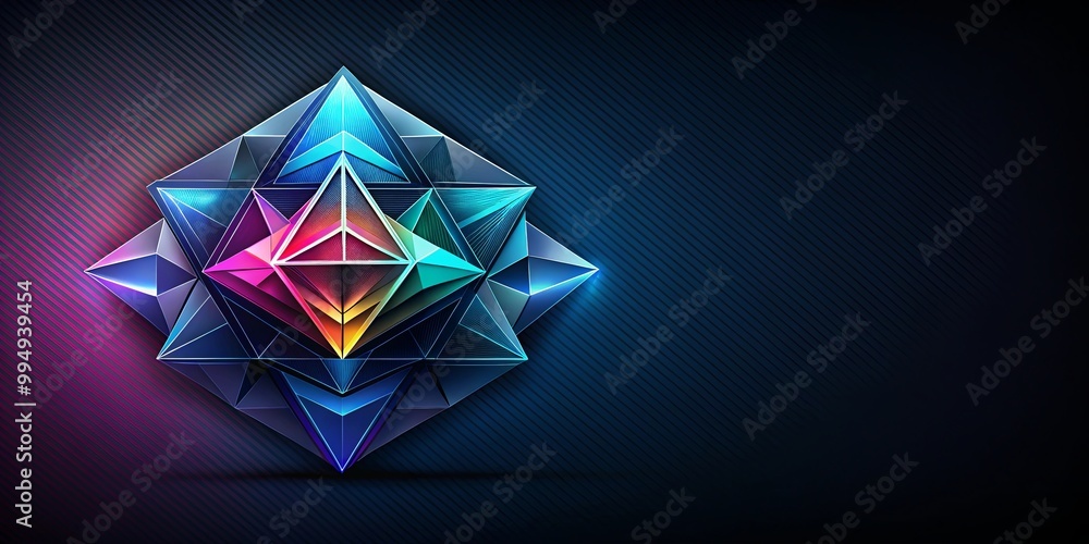 A vibrant, iridescent geometric shape composed of multiple interconnected triangles, glowing with neon light, set against a dark striped backdrop A vibrant, iridescent geometric shape composed of multiple interconnected triangles, glowing with neon light, set against a dark striped backdrop