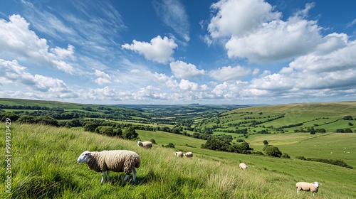 A flock of sheep graze on a grassy hillside overlooking a valley with a blue sky and white clouds.