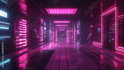 A retro-futuristic design with neon grids, VHS glitches, and pixelated elements, taking inspiration from 80s sci-fi movies and video games