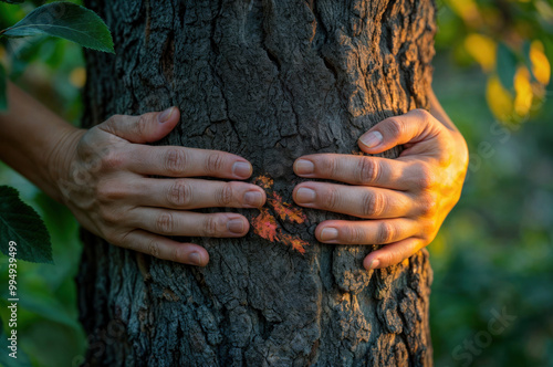 Mão humana acariciando a casca carbonizada de uma árvore, simbolizando a fragilidade da natureza diante do fogo e a necessidade de preservação ambiental photo