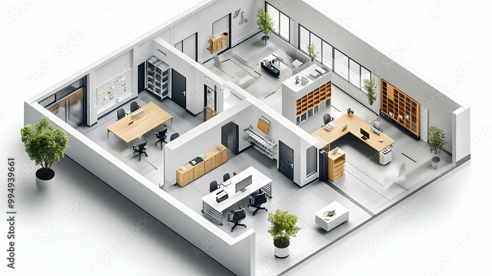 Modern Office Space Design with Desks, Chairs, and Plants Modern Office Space Design with Desks, Chairs, and Plants