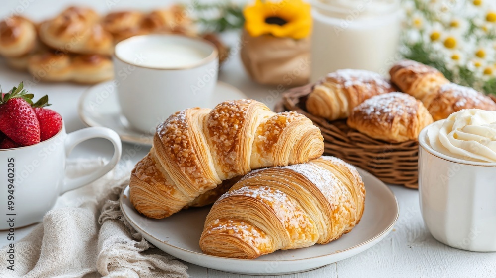 Freshly Baked Croissants and Strawberries on Table Freshly Baked Croissants and Strawberries on Table