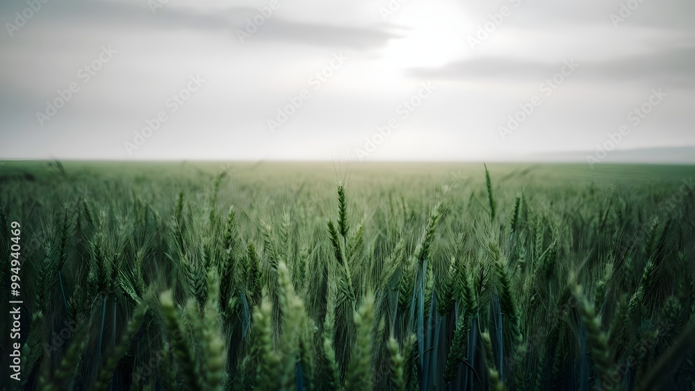 Young green wheat swaying under a soft overcast sky Young green wheat swaying under a soft overcast sky