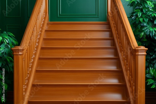 Elegant Wooden Staircase with Decorative Railing  Modern Interior Design  Lush Green Plants
