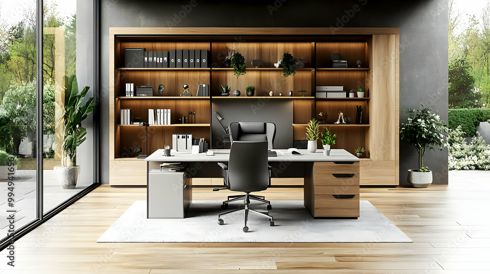 Modern Office Design with a Sleek Desk and Built-in Shelving Modern Office Design with a Sleek Desk and Built-in Shelving