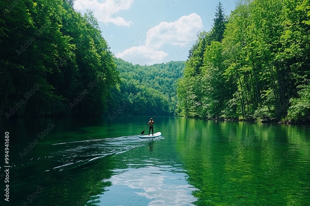 A Serene Lake Where A Person Is Paddleboarding. The Activity Provides Exercise While Enjoying The Water And Nature A Serene Lake Where A Person Is Paddleboarding. The Activity Provides Exercise While Enjoying The Water And Nature