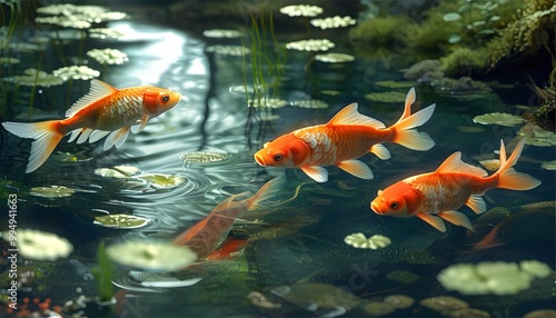 Aquatic Harmony: Fish Swimming Amidst Woodland Serenity in a Lush Forest Pond