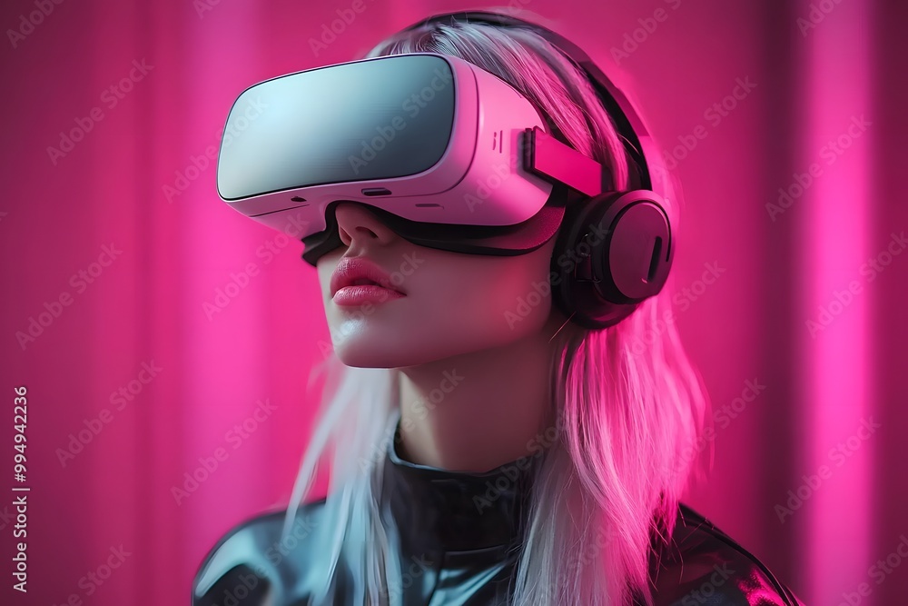A young woman long hair in a high-tech suit engages in a virtual reality combat simulation. Her VR visor displays intricate interfaces A young woman long hair in a high-tech suit engages in a virtual reality combat simulation. Her VR visor displays intricate interfaces