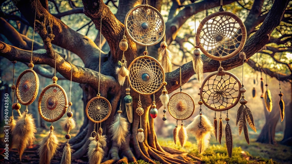 Dreamcatchers adorned with feathers hanging from a tree branch, bathed in the golden glow of the setting sun Dreamcatchers adorned with feathers hanging from a tree branch, bathed in the golden glow of the setting sun