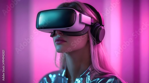 A young woman in a high-tech suit engages in a virtual reality combat simulation. Her VR visor displays intricate interfaces