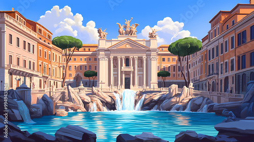 Famous places in roma: the trevi fountain. Baroque Architecture. Illustration