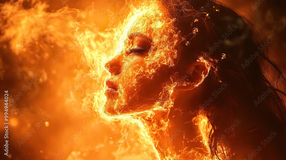 A woman is engulfed in flames, symbolizing a conceptual illustration of intense desire and fiery passion. A woman is engulfed in flames, symbolizing a conceptual illustration of intense desire and fiery passion.