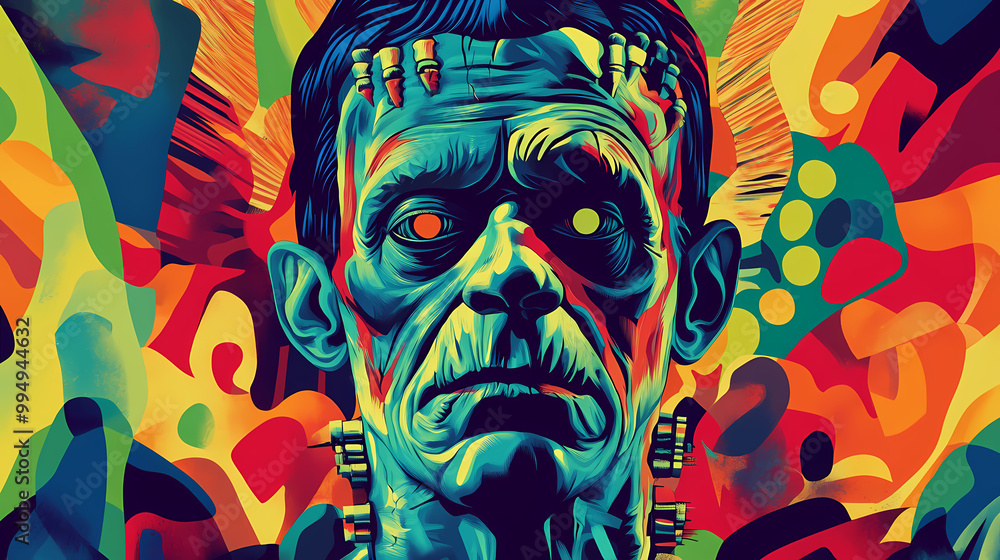 Frankenstein s monster in pop art, exaggerated expressions, vibrant and bold color palette. Pop Surrealism. Illustration Frankenstein s monster in pop art, exaggerated expressions, vibrant and bold color palette. Pop Surrealism. Illustration