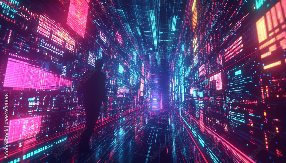 A retro-futuristic design with neon grids, VHS glitches, and pixelated elements, taking inspiration from 80s sci-fi movies and video games