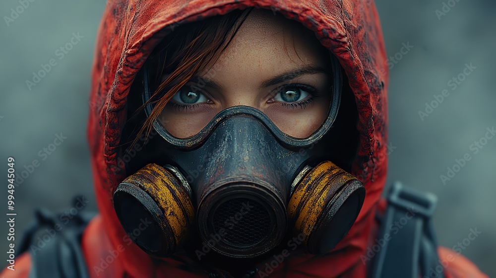 A woman wears a red hood and gas mask, presenting a striking and unconventional appearance. A woman wears a red hood and gas mask, presenting a striking and unconventional appearance.