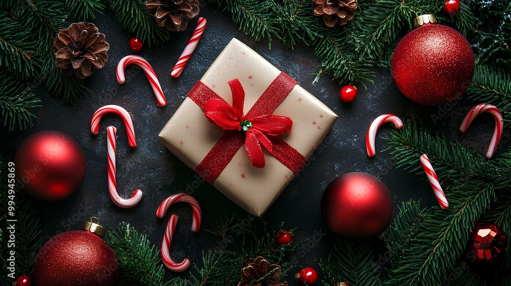 Festive Christmas Scene with Ornaments and Candy Canes Festive Christmas Scene with Ornaments and Candy Canes