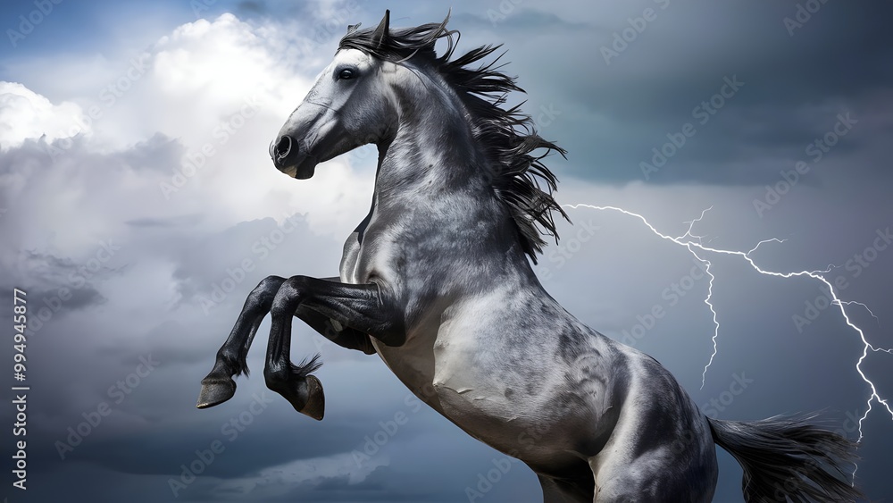 Spirited gray dappled horse rearing against stormy sky Spirited gray dappled horse rearing against stormy sky