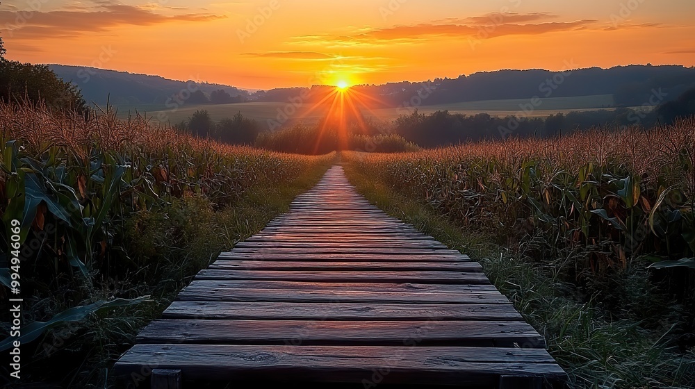 A wooden plank pathway stretches through a cornfield during sunset, offering a scenic and tranquil view. A wooden plank pathway stretches through a cornfield during sunset, offering a scenic and tranquil view.