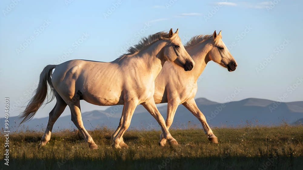 Obraz premium Palomino horses trotting in open meadow during golden hour