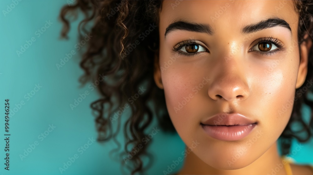 Close-Up Portrait of Young Woman with Clear Skin and Curly Hair Against Turquoise Background - Ideal for Skincare and Beauty Concepts Close-Up Portrait of Young Woman with Clear Skin and Curly Hair Against Turquoise Background - Ideal for Skincare and Beauty Concepts