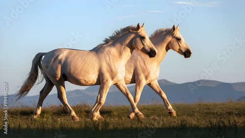 Palomino horses trotting in open meadow during golden hour