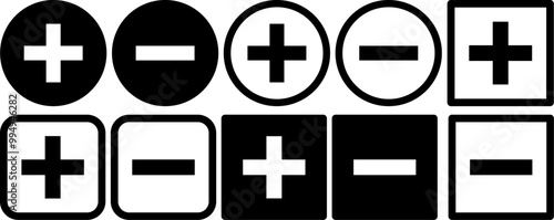 set of plus and minus symbols in circular and square shapes, positive and negative signs, vector black and white icons, geometric symbols for math, web, and UI design elements