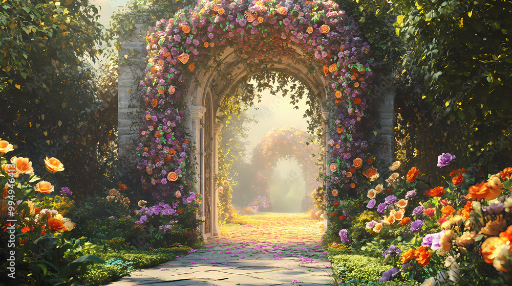 Generative ai : an ornate medieval rococo archway covered with flowers at the entrance of a palace. Victorian Garden. Illustration Generative ai : an ornate medieval rococo archway covered with flowers at the entrance of a palace. Victorian Garden. Illustration