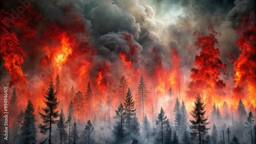 Wallpaper Mural A fiery inferno engulfs a forest as towering flames reach for the sky, casting a fiery glow on the smoke-filled air. Torontodigital.ca