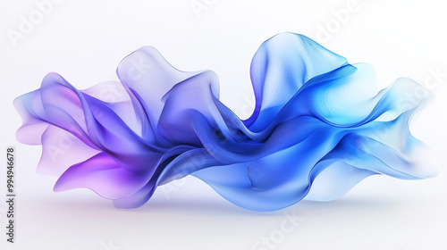 3D render of an abstract blue and purple gradient wave, layered with translucent materials resembling petals, set against a white background.