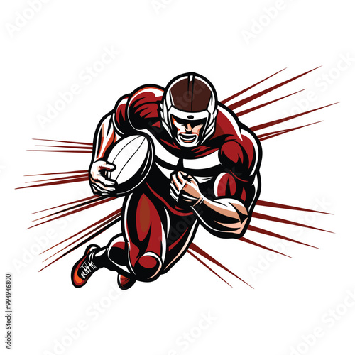 Anime rugby player in red jersey tackling through opponents, dynamic pose, white background, speed lines.