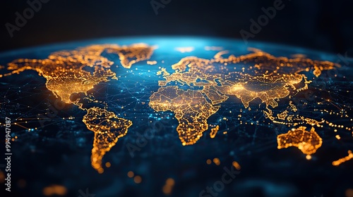 A world map highlights global network connectivity for finance transactions, business trading, and telecommunication.