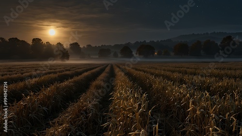 Misty Moonlight Over the Fields. Misty moonlight casting a glow over golden fields on a peaceful autumn night. Realistic style. photo