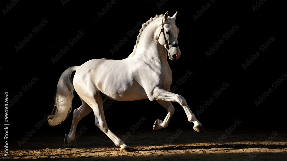 Lipizzaner horse performing levade in sunset arena Lipizzaner horse performing levade in sunset arena