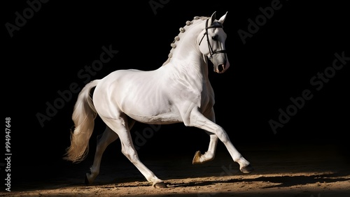 Lipizzaner horse performing levade in sunset arena