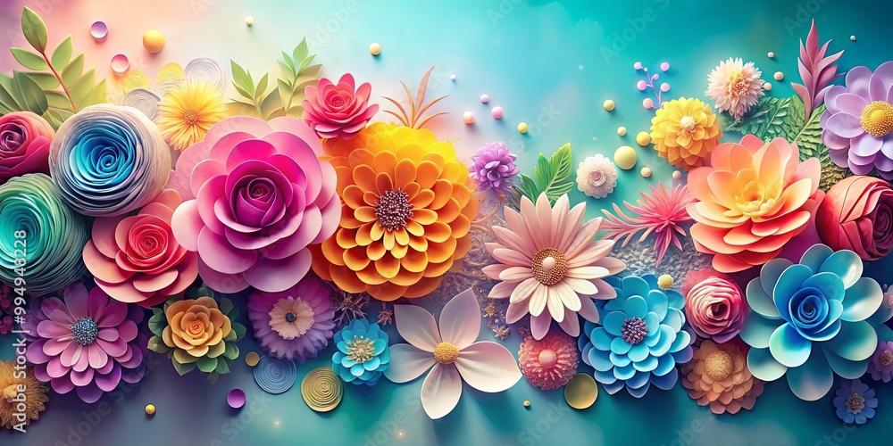 A Vibrant Arrangement of Paper Flowers on a Soft Blue Background with Delicate Details and a Touch of Sparkle A Vibrant Arrangement of Paper Flowers on a Soft Blue Background with Delicate Details and a Touch of Sparkle