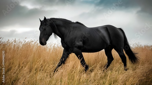 Friesian horse walking through golden grass