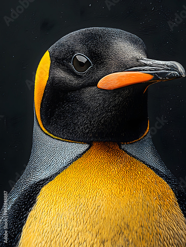 A majestic emperor penguin in fantastic realism, blending classical realism and hallotype styles with a touch of acidwave, presented through fine art headshot photography. photo