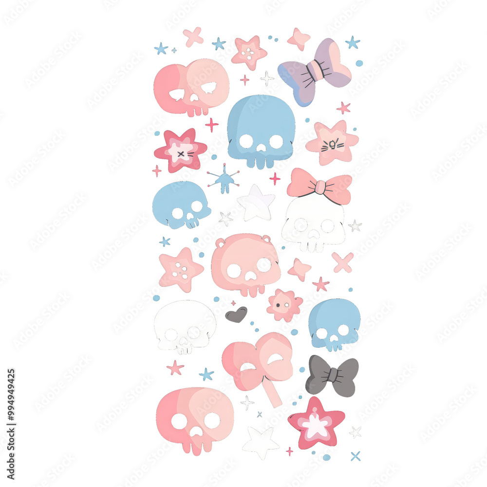 Fototapeta premium Colorful pixel art skulls, stars, bows and butterflies pattern.