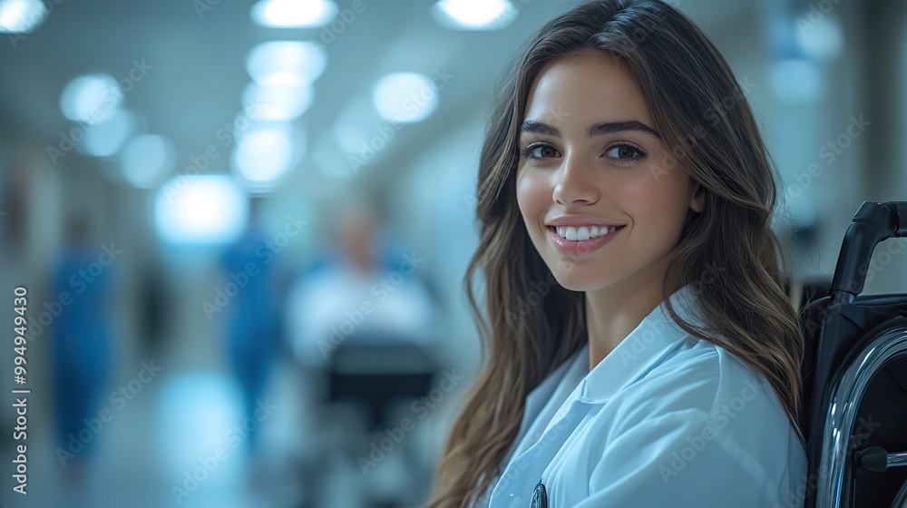 A young doctor assists a woman patient in a wheelchair after an operation, providing compassionate care in a hospital setting. A young doctor assists a woman patient in a wheelchair after an operation, providing compassionate care in a hospital setting.