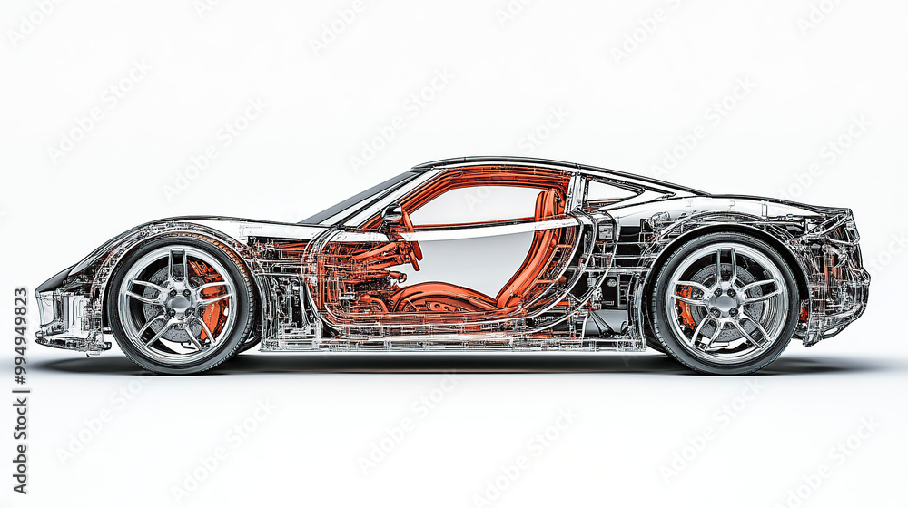 Side view of the exterior, detailed cutaway car body made from metal and glass on a white background Side view of the exterior, detailed cutaway car body made from metal and glass on a white background