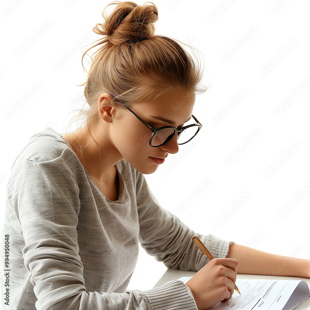 Focused young woman with glasses writing notes in a notebook. Study session, educational task, student life. Focused young woman with glasses writing notes in a notebook. Study session, educational task, student life.