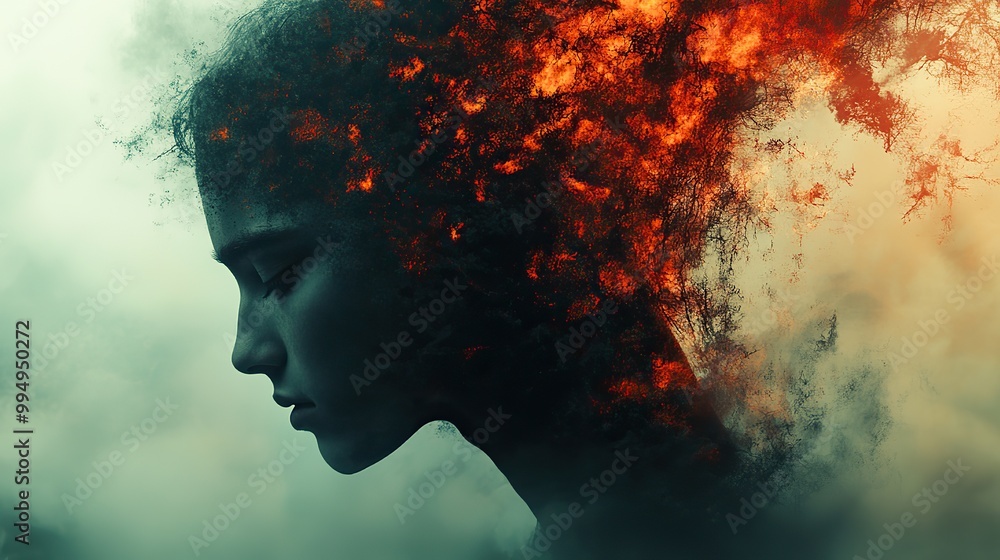 A young man with schizophrenia suffers from depression, stress, and anxiety, depicted in a conceptual illustration of mental illness. A young man with schizophrenia suffers from depression, stress, and anxiety, depicted in a conceptual illustration of mental illness.