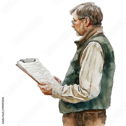 Watercolor painting of an elderly man reading a clipboard. Concept of reading, analysis, and concentration.