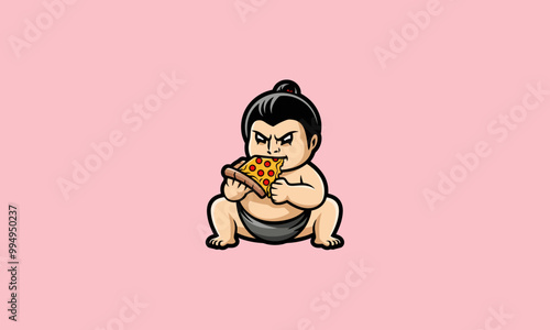 Sumo wrestler happily eating a slice of pizza