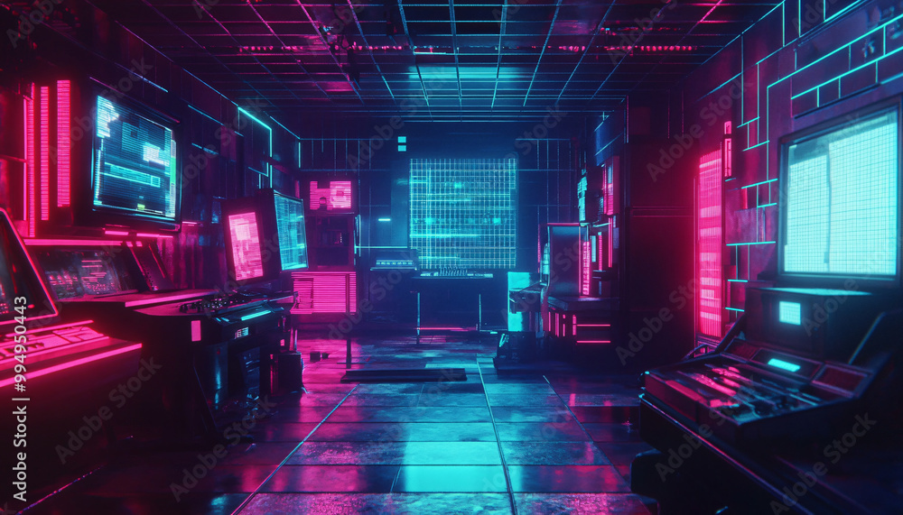 A retro-futuristic design with neon grids, VHS glitches, and pixelated elements, taking inspiration from 80s sci-fi movies and video games A retro-futuristic design with neon grids, VHS glitches, and pixelated elements, taking inspiration from 80s sci-fi movies and video games