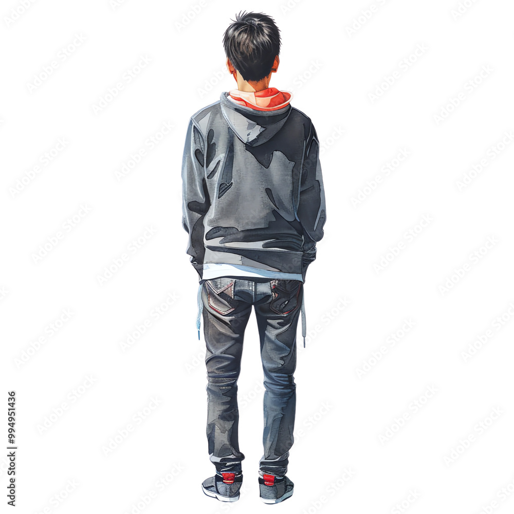 Rear view of a young man standing alone in casual clothing, isolated on a white background, facing away from the camera. Perfect for various uses. Rear view of a young man standing alone in casual clothing, isolated on a white background, facing away from the camera. Perfect for various uses.