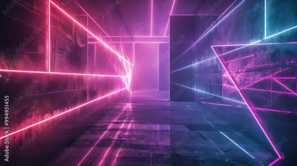 Laser beams of light forming abstract geometric shapes, glowing vividly against a dark, mysterious background Laser beams of light forming abstract geometric shapes, glowing vividly against a dark, mysterious background