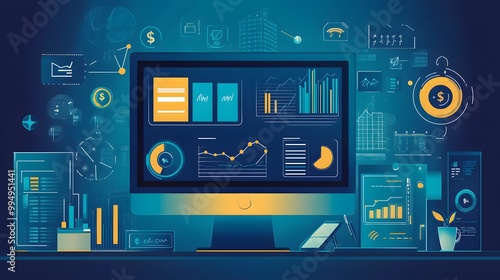 Desktop with Computer Screen Displaying Data and Charts